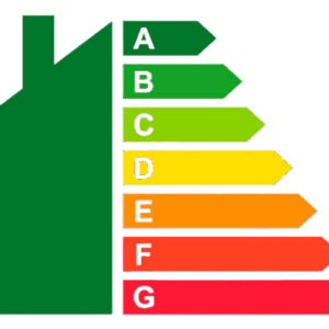 Etiqueta de eficiencia energética en forma de casa, con barras de colores que indican la clasificación del consumo energético desde la A (verde, más eficiente) hasta la G (rojo, menos eficiente).
