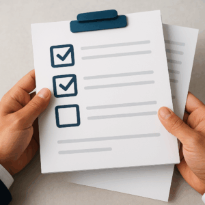 Manos sosteniendo un portapapeles con una lista de verificación y casillas marcadas