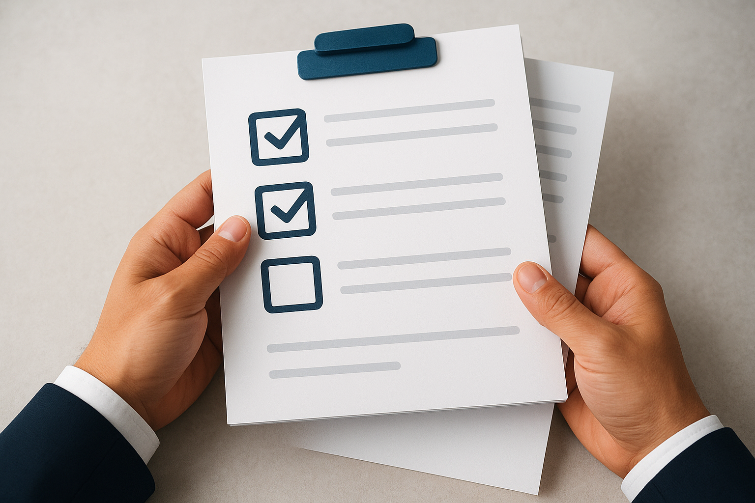 Manos sosteniendo un portapapeles con una lista de verificación y casillas marcadas